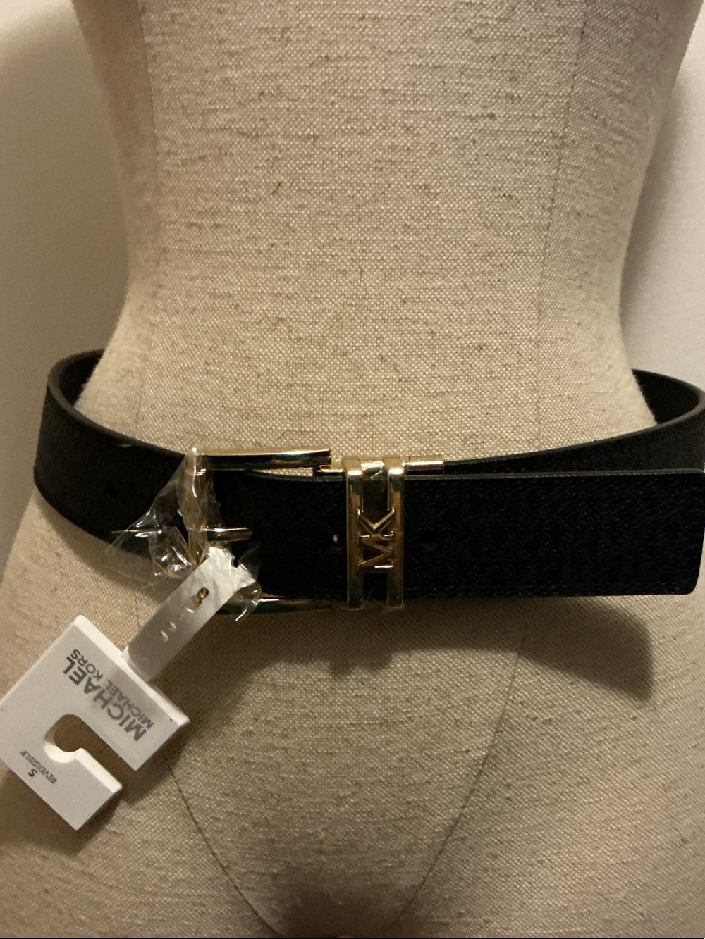 NWT: Michael Kors Black Leather Belt with Gold-tone MK Buckle